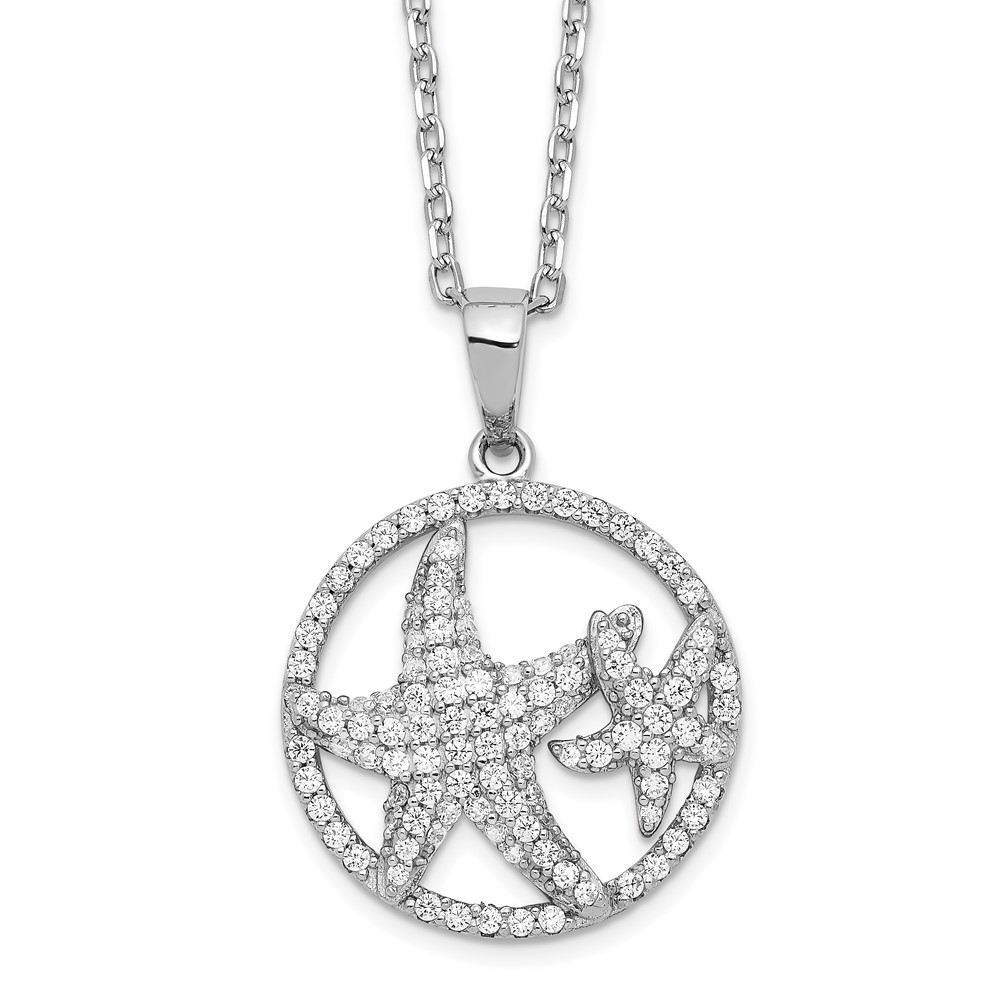 925 Sterling Silver Brilliant-cut Starfish Circle 16" Charm Necklace 2" Ext